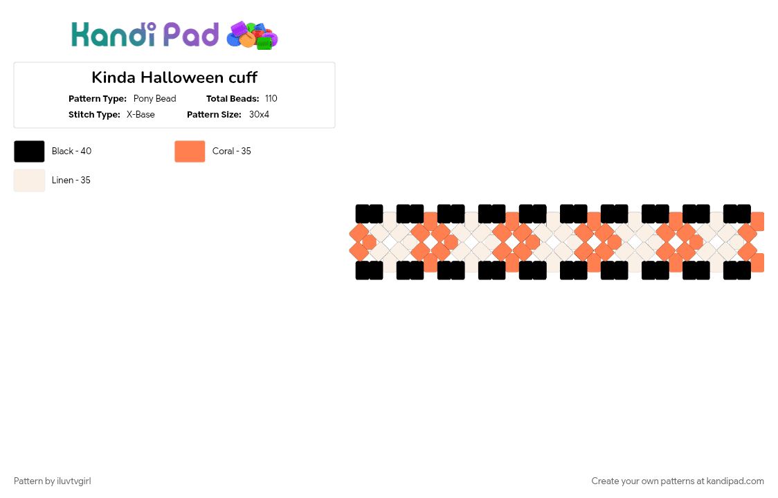 Kinda Halloween cuff - Pony Bead Pattern by iluvtvgirl on Kandi Pad - black and white, halloween, orange, white