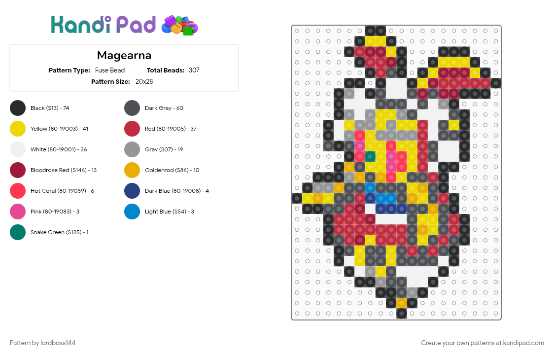 Magearna - Fuse Bead Pattern by lordboss144 on Kandi Pad - gray, red, yellow