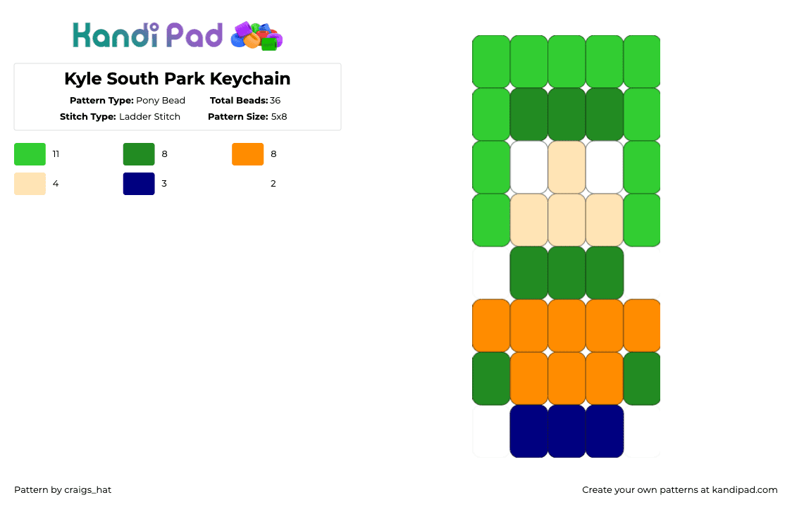 Kyle South Park Keychain - Pony Bead Pattern by craigs_hat on Kandi Pad - green,orange,southpark,south park,southparkkyle,south park kyle,kylesouthpark,kyle south park,keychain,kandi