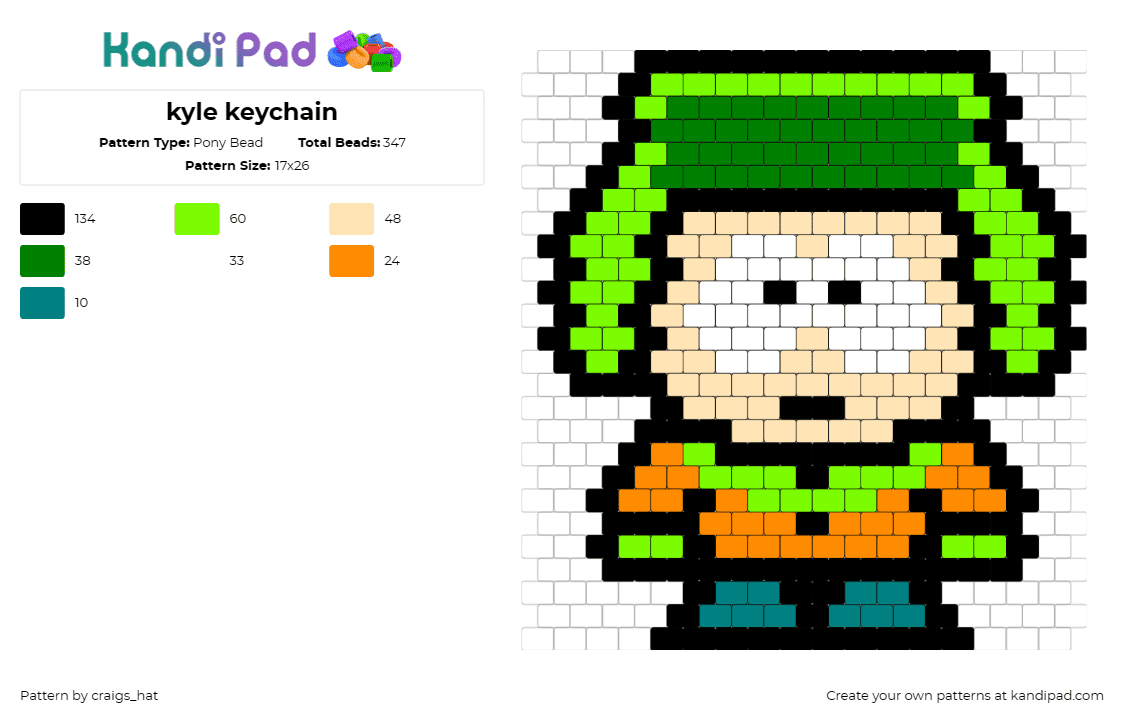 kyle keychain - Pony Bead Pattern by craigs_hat on Kandi Pad - kyle broflovski,south park,keychain,character,tv show,animation,green,tan