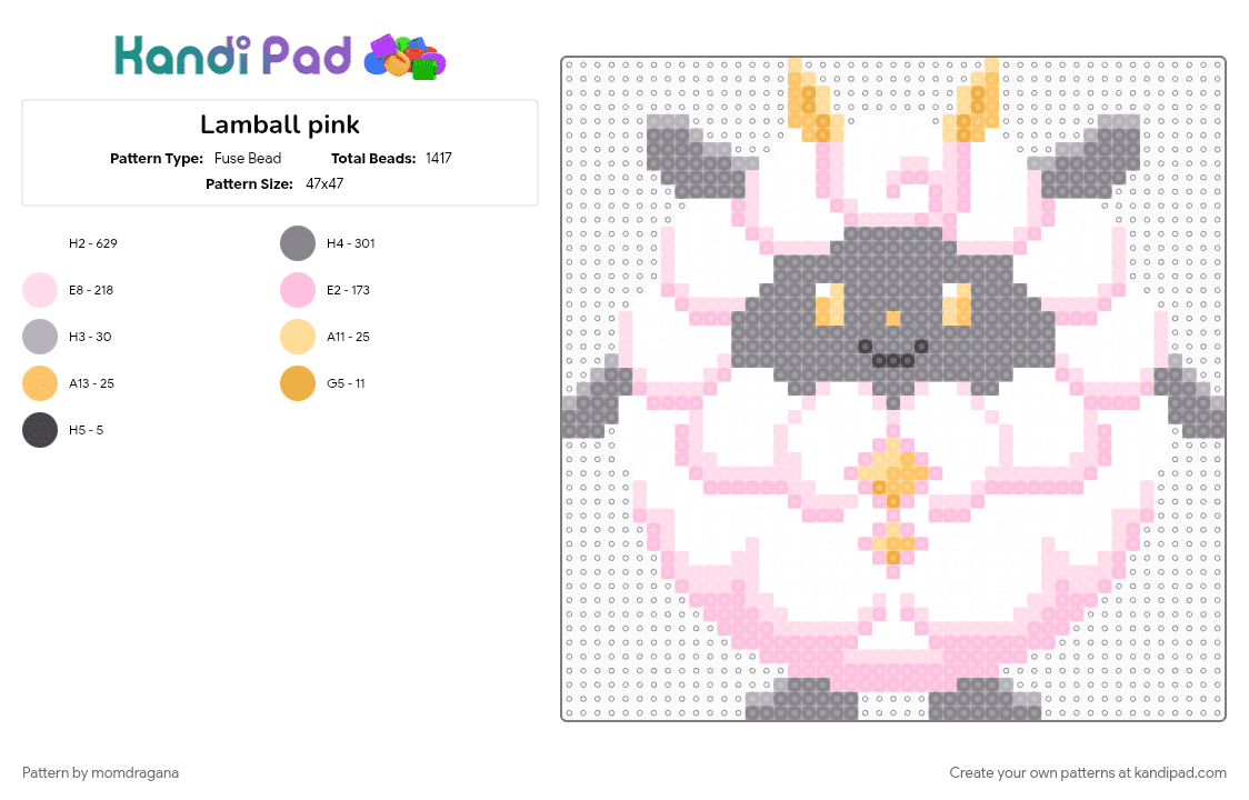 Lamball pink - Fuse Bead Pattern by momdragana on Kandi Pad - gray, palworld, pink, white