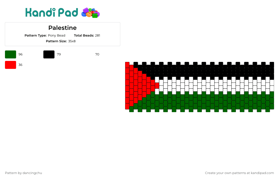 Palestine - Pony Bead Pattern by dancingchu on Kandi Pad - palestine,flag,country,cuff,red,green,black,white
