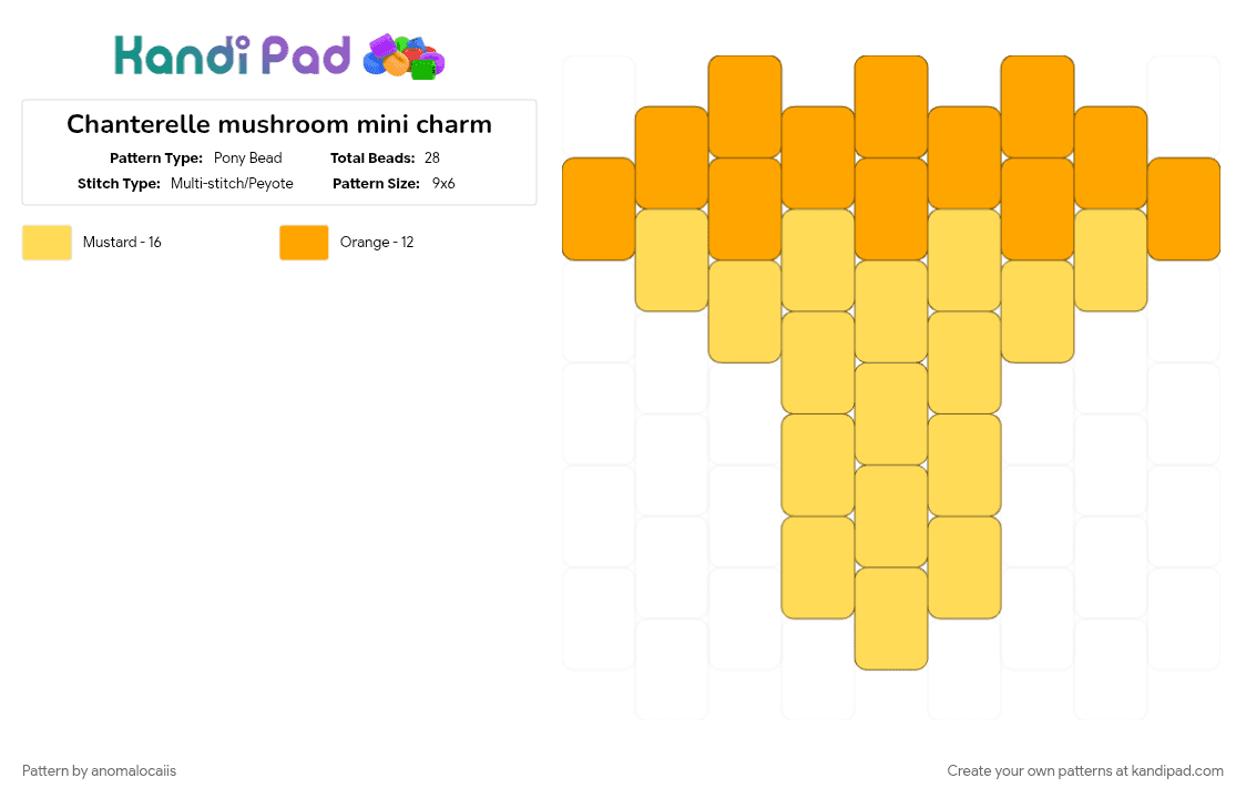 Chanterelle mushroom mini charm - Pony Bead Pattern by anomalocaiis on Kandi Pad - mushroom, mycology, nature, orange, yellow
