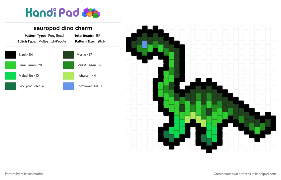 sauropod dino charm - Pony Bead Pattern by mikaschinfarbe on Kandi Pad - black, charm, dinosaur, green, prehistoric