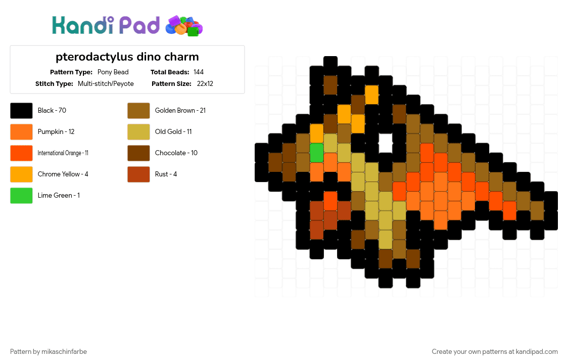 pterodactylus dino charm - Pony Bead Pattern by mikaschinfarbe on Kandi Pad - black, charm, dinosaur, orange, prehistoric, tan