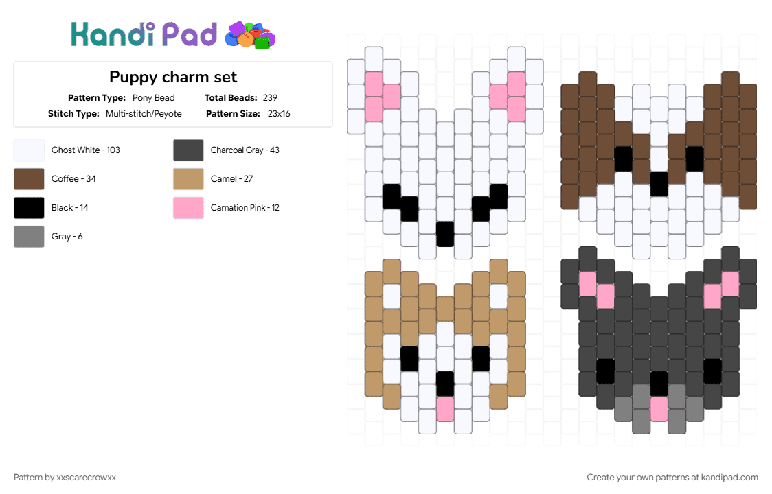 Puppy charm set - Pony Bead Pattern by xxscarecrowxx on Kandi Pad - basic, brown, charm, peyote, peyote charm, puppy, white