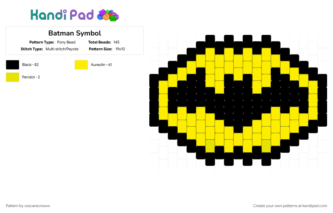 Batman Symbol - Pony Bead Pattern by xxscarecrowxx on Kandi Pad - batman, black, charm, symbol, yellow