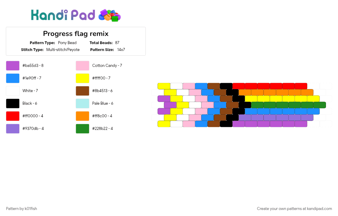Progress flag remix - Pony Bead Pattern by k01fish on Kandi Pad - lgbtq, light blue, pink, rainbow, red, yellow