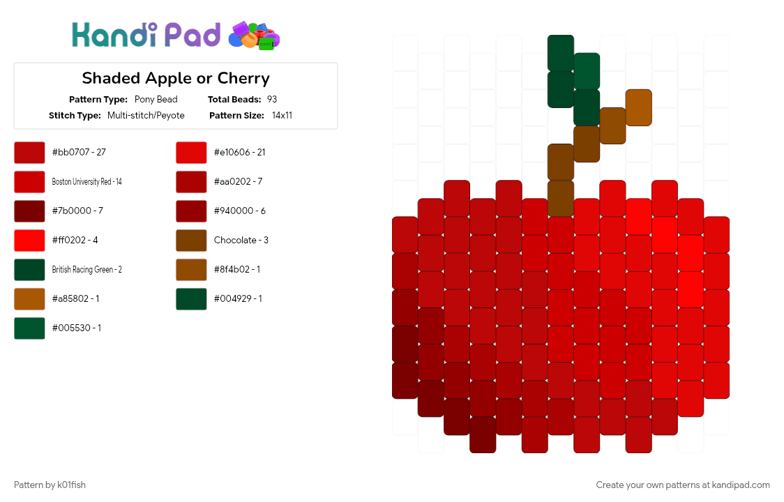 Shaded Apple or Cherry - Pony Bead Pattern by k01fish on Kandi Pad - apple, cherry, cotdfruit, red