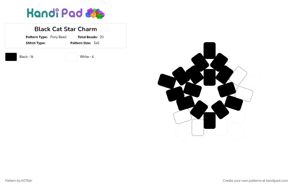 Black Cat Star Charm - Pony Bead Pattern by k01fish on Kandi Pad - black, black and white, black cat, cat, white