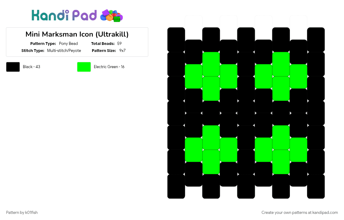 Mini Marksman Icon (Ultrakill) - Pony Bead Pattern by k01fish on Kandi Pad - black, green, icon, mini, ultrakill, video games