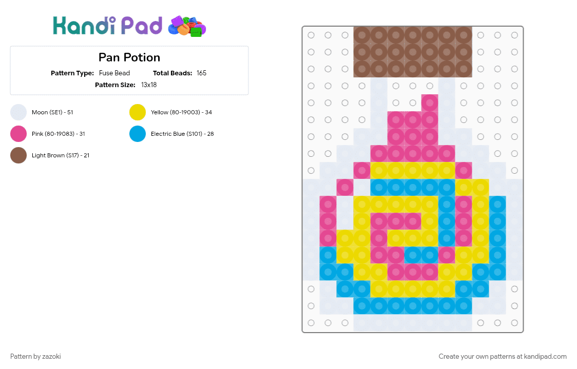 Pan Potion - Fuse Bead Pattern by zazoki on Kandi Pad - light blue, pink, yellow