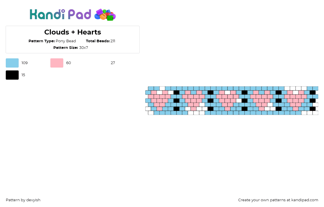 Clouds + Hearts - Pony Bead Pattern by devyish on Kandi Pad - clouds,hearts,repeating,sky,love,cuff,pastel,pink,light blue