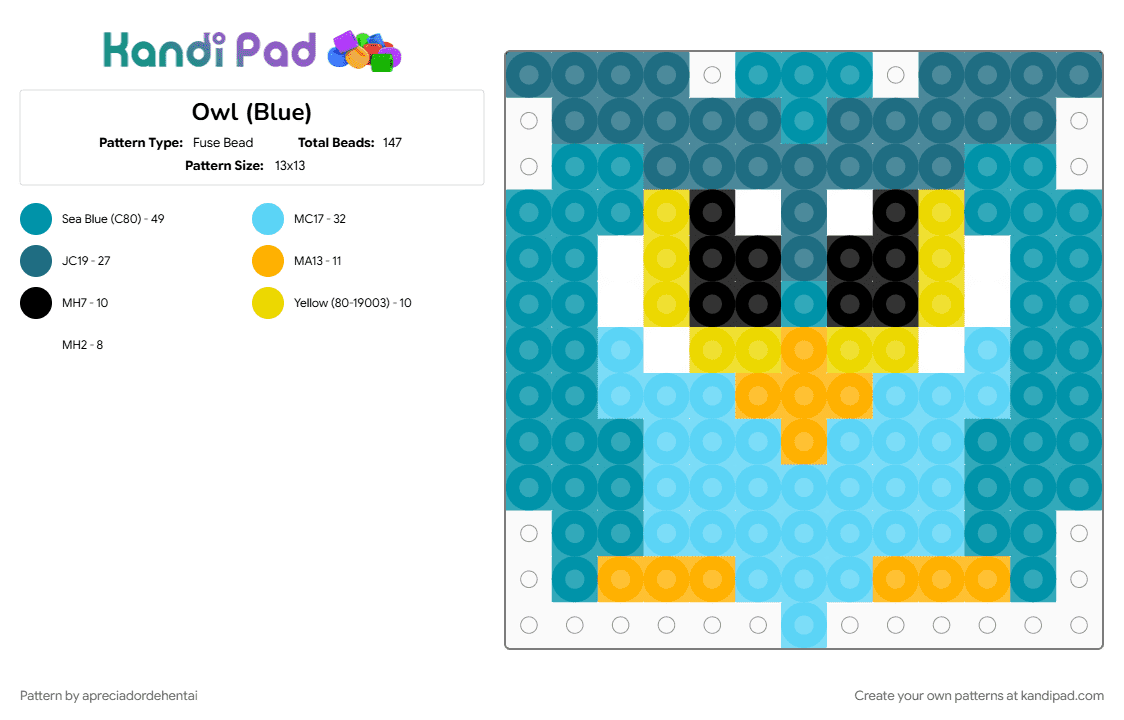 Owl (Blue) - Fuse Bead Pattern by apreciadordehentai on Kandi Pad - blue, light blue, teal