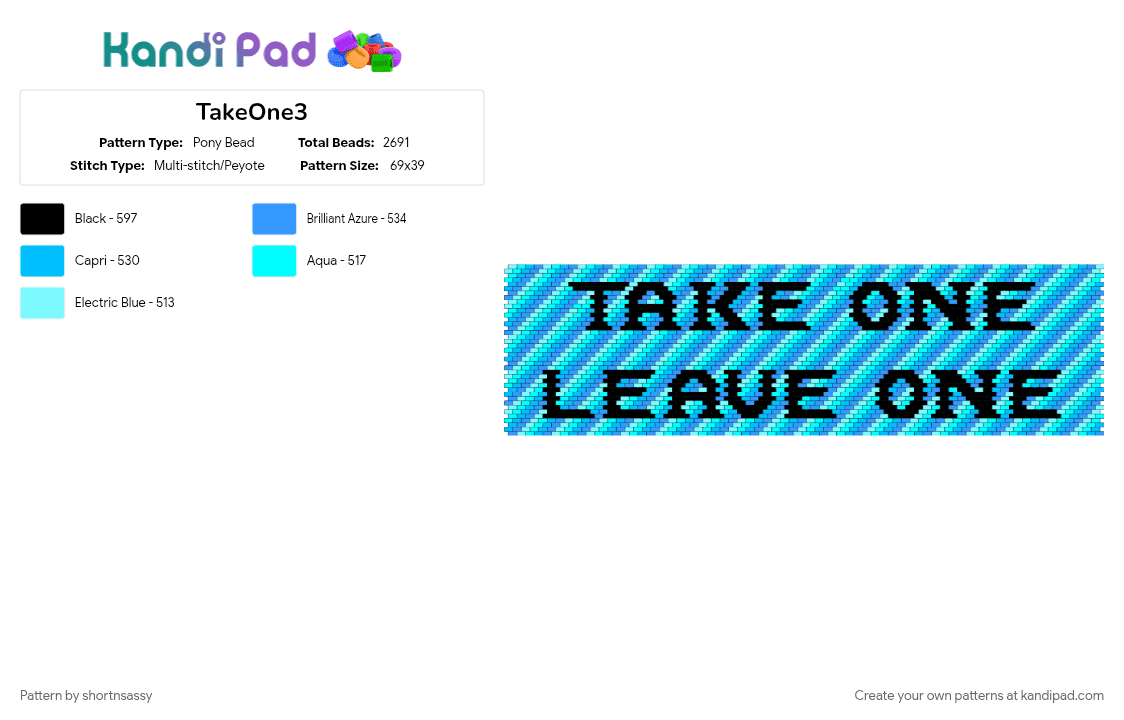 TakeOne3 - Pony Bead Pattern by shortnsassy on Kandi Pad - light blue
