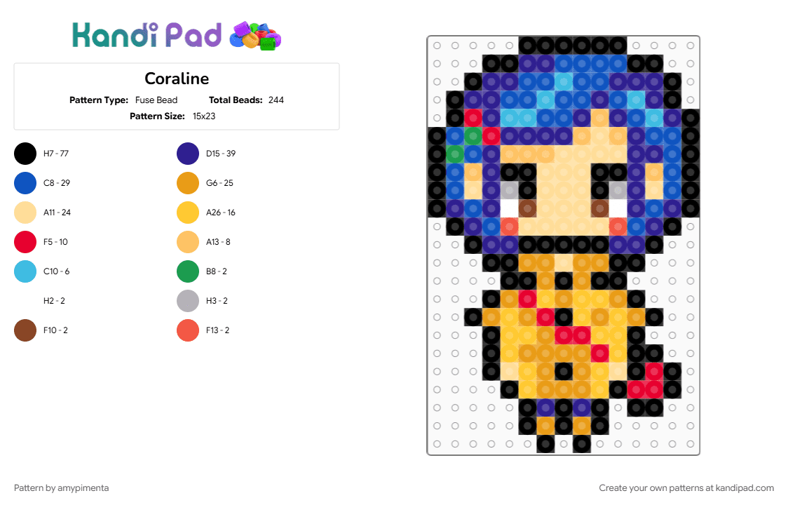Coraline - Fuse Bead Pattern by amypimenta on Kandi Pad - blue, orange, purple, yellow