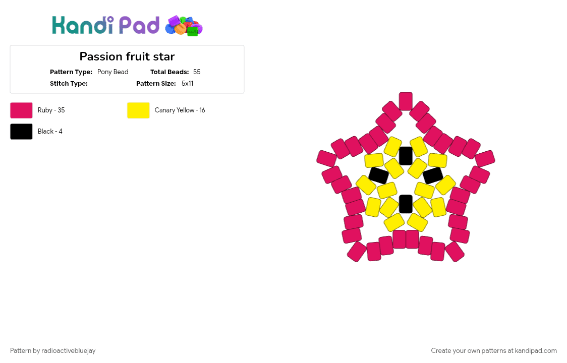Passion fruit star - Pony Bead Pattern by radioactivebluejay on Kandi Pad - cotdfruit, fruit, passion fruit, pink, pink and yellow, star, yellow