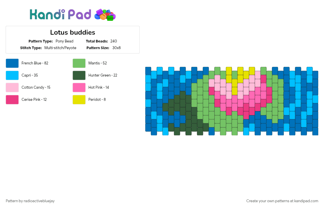 Lotus buddies - Pony Bead Pattern by radioactivebluejay on Kandi Pad - blue, cotdfriendship, flower, green, lilypad, lotus, multistitch, pink, pond