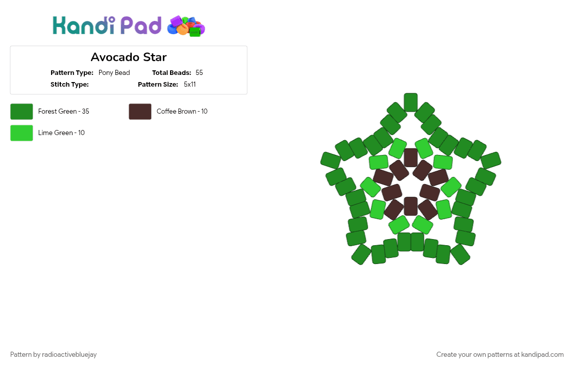Avocado Star - Pony Bead Pattern by radioactivebluejay on Kandi Pad - avocado, green, guacemole, star, what other tags are there