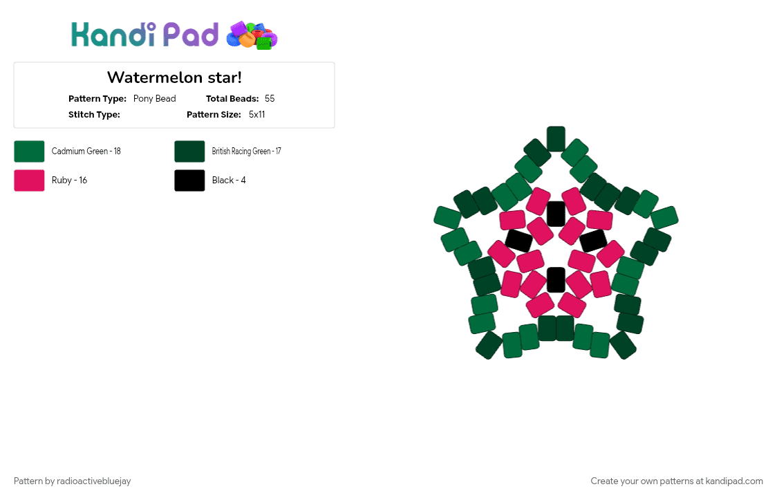 Watermelon star! - Pony Bead Pattern by radioactivebluejay on Kandi Pad - cotdfruit, fruit, green, green and red, melon, pink, star, watermelon