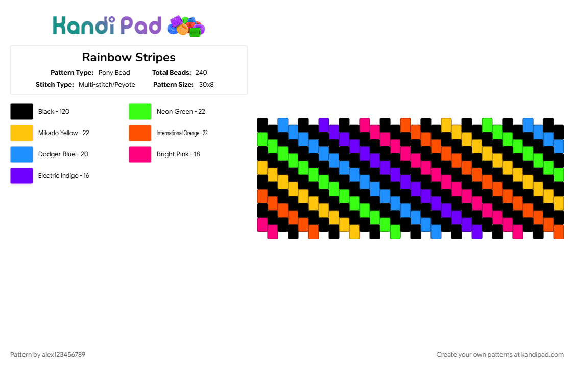 Rainbow Stripes - Pony Bead Pattern by alex123456789 on Kandi Pad - black, colorful, light blue, yellow