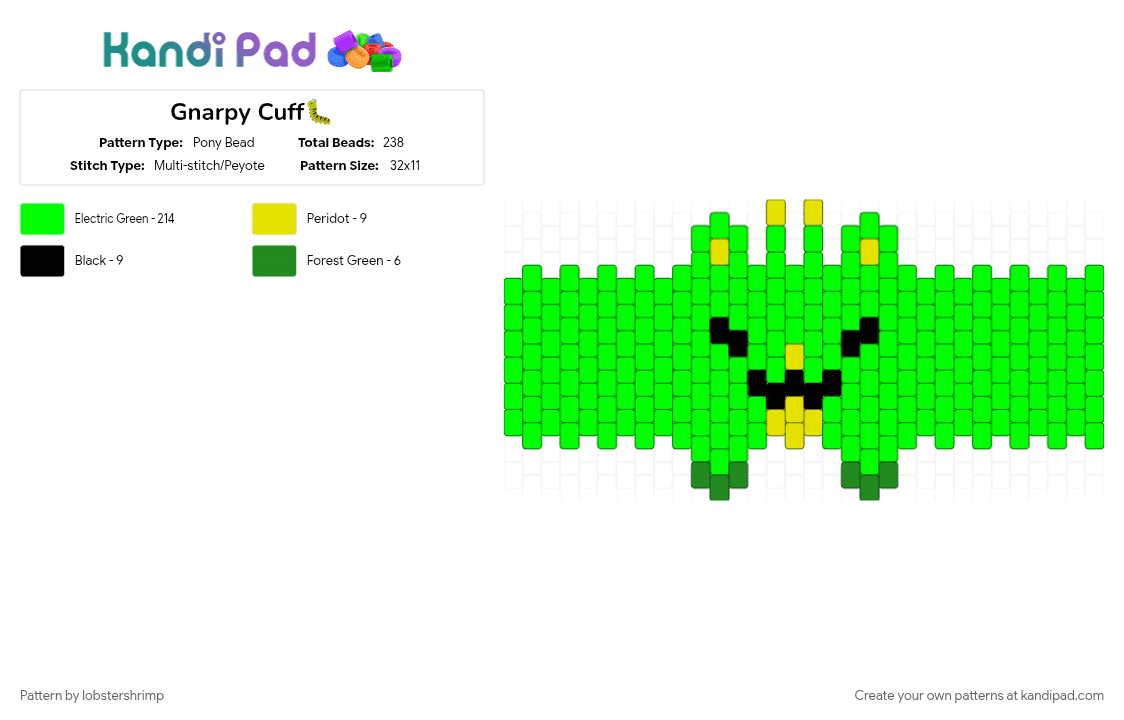 Gnarpy Cuff🐛 - Pony Bead Pattern by lobstershrimp on Kandi Pad - alien cat, gnarpy, green, regretevator, roblox