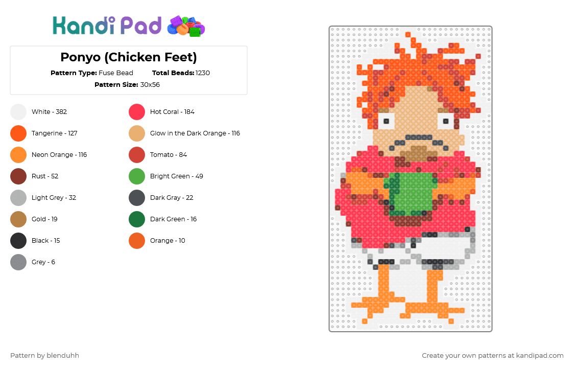 Ponyo (Chicken Feet) - Fuse Bead Pattern by blenduhh on Kandi Pad - orange,red