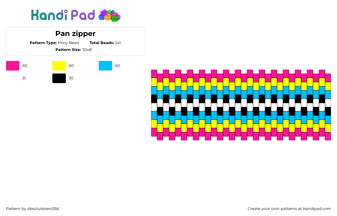 Pan zipper - Pony Bead Pattern by absolutezero356 on Kandi Pad - pansexual,zipper,pride,bright,cuff,light blue,yellow,pink