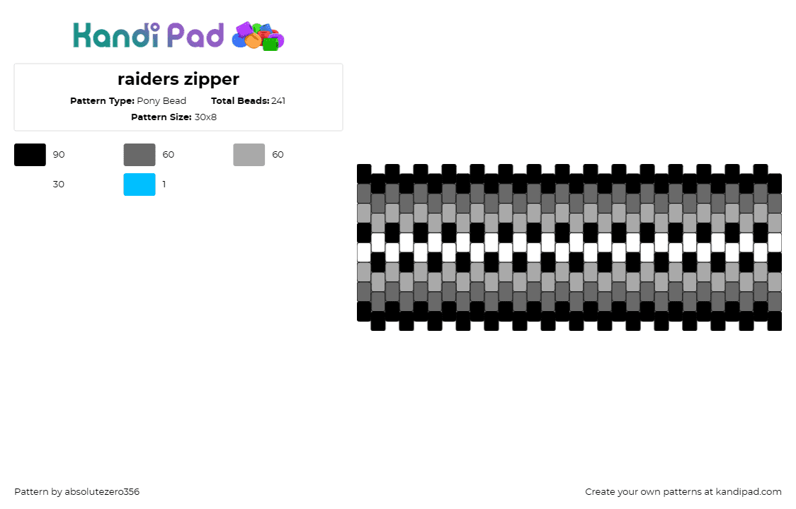 raiders zipper - Pony Bead Pattern by absolutezero356 on Kandi Pad - zipper,dark,cuff,horizontal,stripes,grayscale,black,white