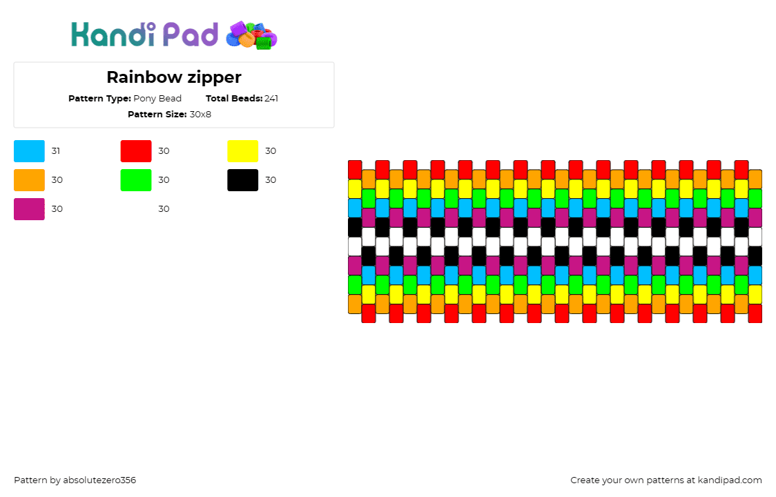 Rainbow zipper - Pony Bead Pattern by absolutezero356 on Kandi Pad - zipper,rainbow,cuff,horizontal,stripes,colorful