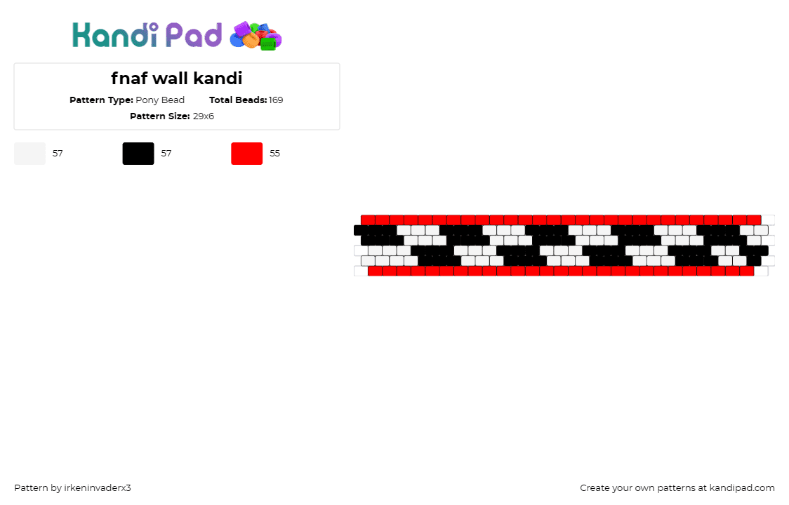 fnaf wall kandi - Pony Bead Pattern by irkeninvaderx3 on Kandi Pad - fnaf,five nights at freddys,checkered,wall,cuff,video game,black,white,red