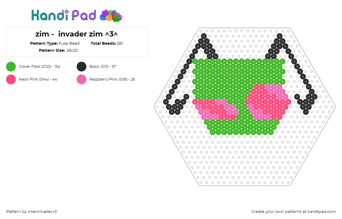 zim -  invader zim ^3^ - Fuse Bead Pattern by irkeninvaderx3 on Kandi Pad - invader zim,alien,character,cartoon,tv show,animation,hexagon,green,pink,black