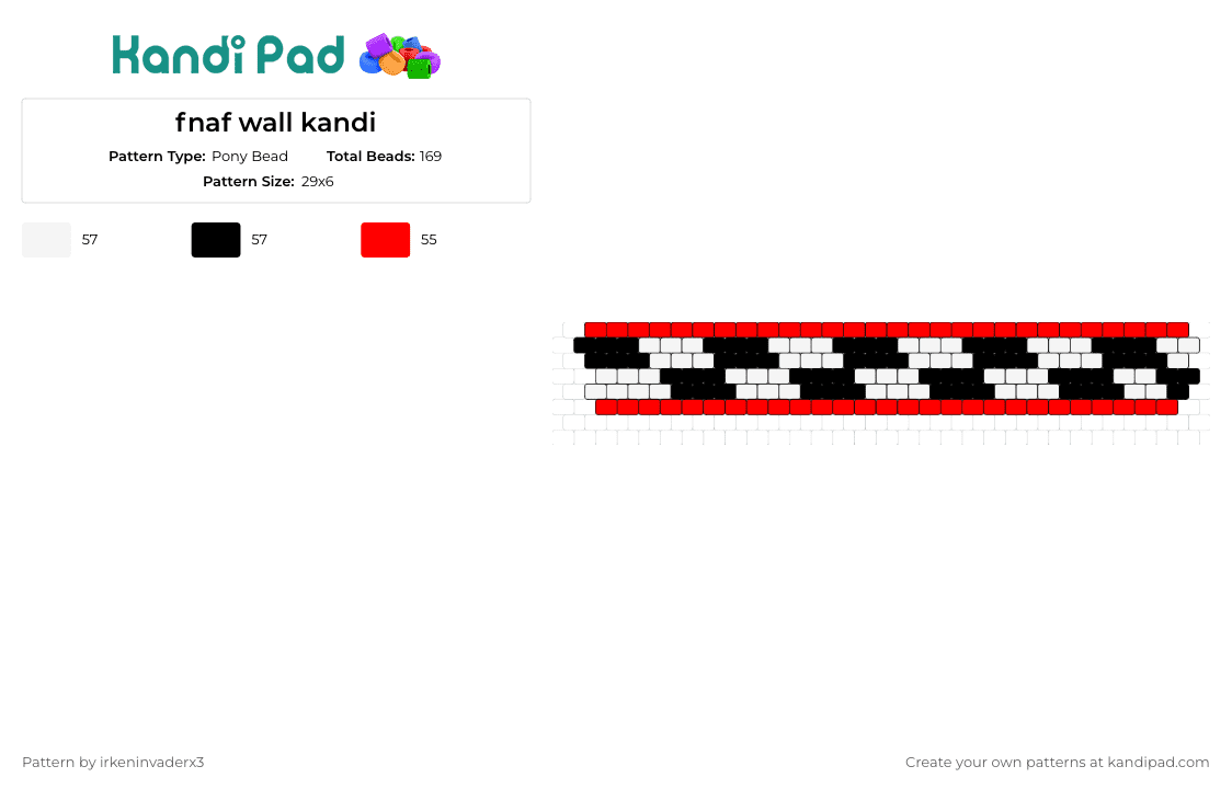 fnaf wall kandi - Pony Bead Pattern by irkeninvaderx3 on Kandi Pad - fnaf,five nights at freddys,checkered,wall,cuff,video game,black,white,red