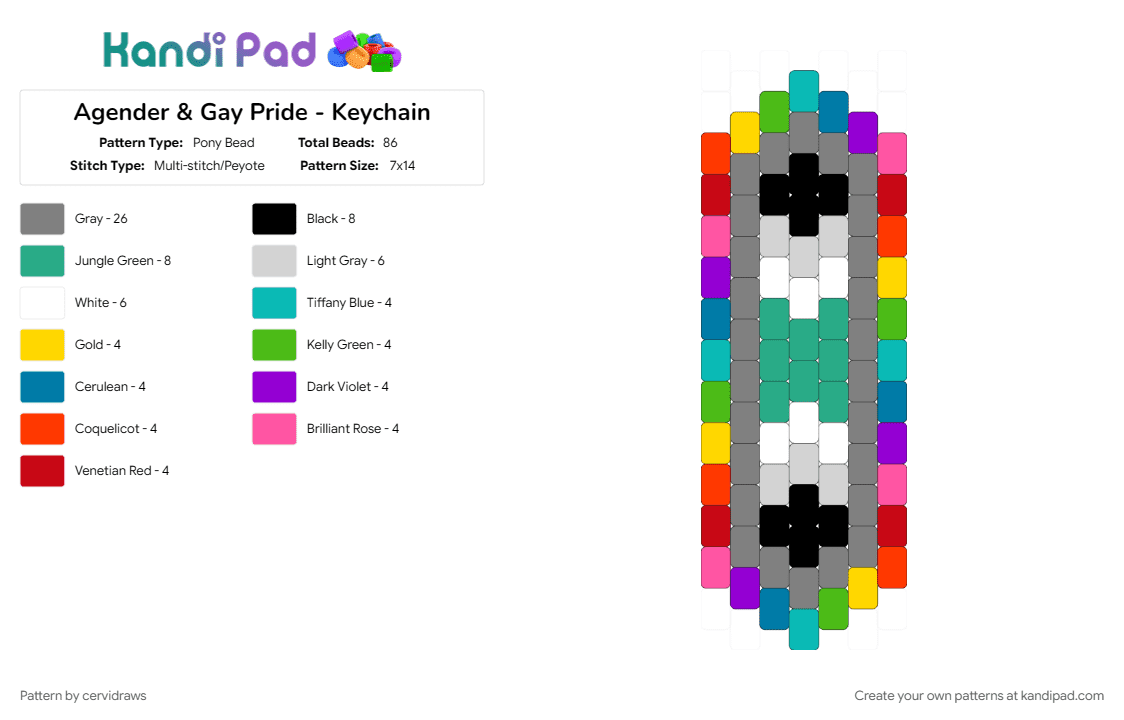 Agender & Gay Pride - Keychain - Pony Bead Pattern by cervidraws on Kandi Pad - agender, agender pride, gay, gay pride, gray, pride, pride flag, rainbow, red, teal