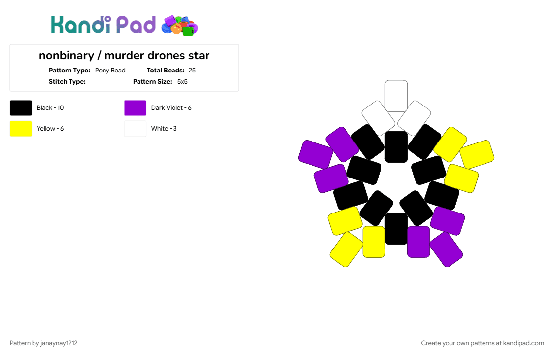 nonbinary / murder drones star - Pony Bead Pattern by janaynay1212 on Kandi Pad - character, non binary, purple, yellow