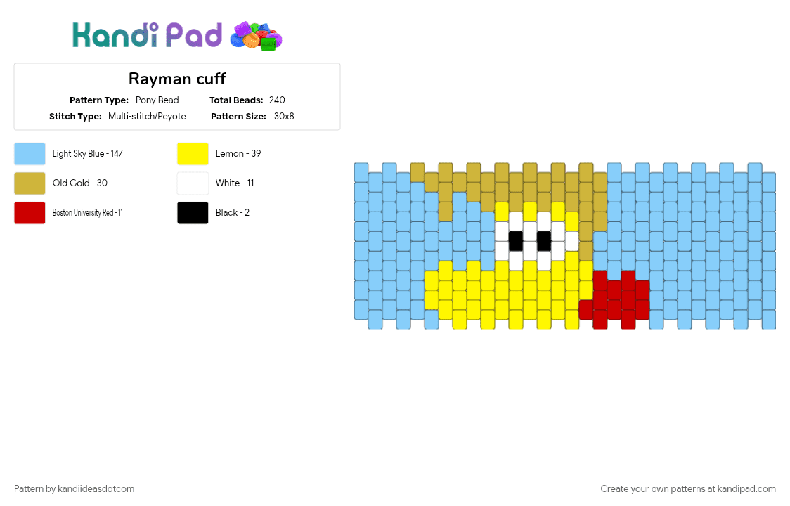 Rayman cuff - Pony Bead Pattern by kandiideasdotcom on Kandi Pad - light blue