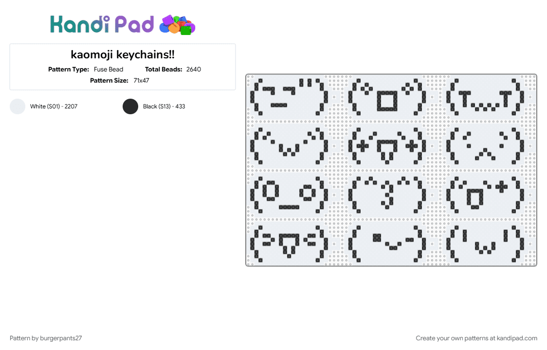 kaomoji keychains!! - Fuse Bead Pattern by burgerpants27 on Kandi Pad - emoji, emoticon, face, kaomoji, keychain, keychains, white