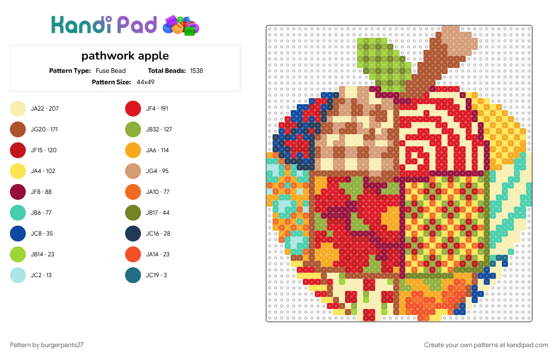 pathwork apple - Fuse Bead Pattern by burgerpants27 on Kandi Pad - apple, colorful, dots, flowers, green, orange, patchwork, red, stripes, yellow