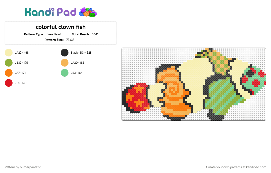 colorful clown fish - Fuse Bead Pattern by burgerpants27 on Kandi Pad - animal, clownfish, colorful, fish, orange, patterned, rainbow, yellow