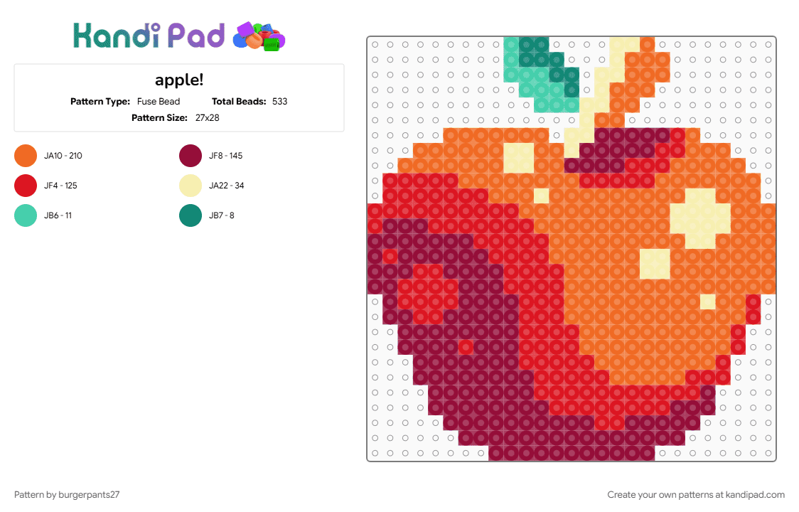 apple! - Fuse Bead Pattern by burgerpants27 on Kandi Pad - apple, brown, food, fruit, orange, red, red orange