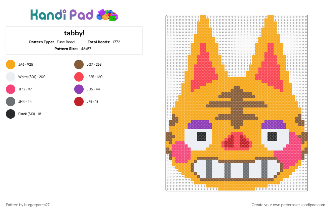 tabby! - Fuse Bead Pattern by burgerpants27 on Kandi Pad - animal crossing, cat, character, cute, gaming, nintendo, orange, tabby, video game