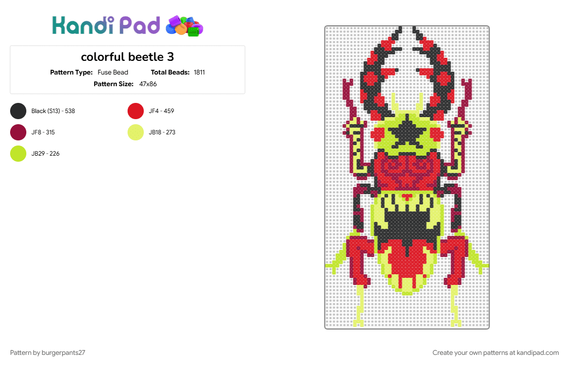 colorful beetle 3 - Fuse Bead Pattern by burgerpants27 on Kandi Pad - animal, beetle, brown, colorful, green, pattern, red, stars
