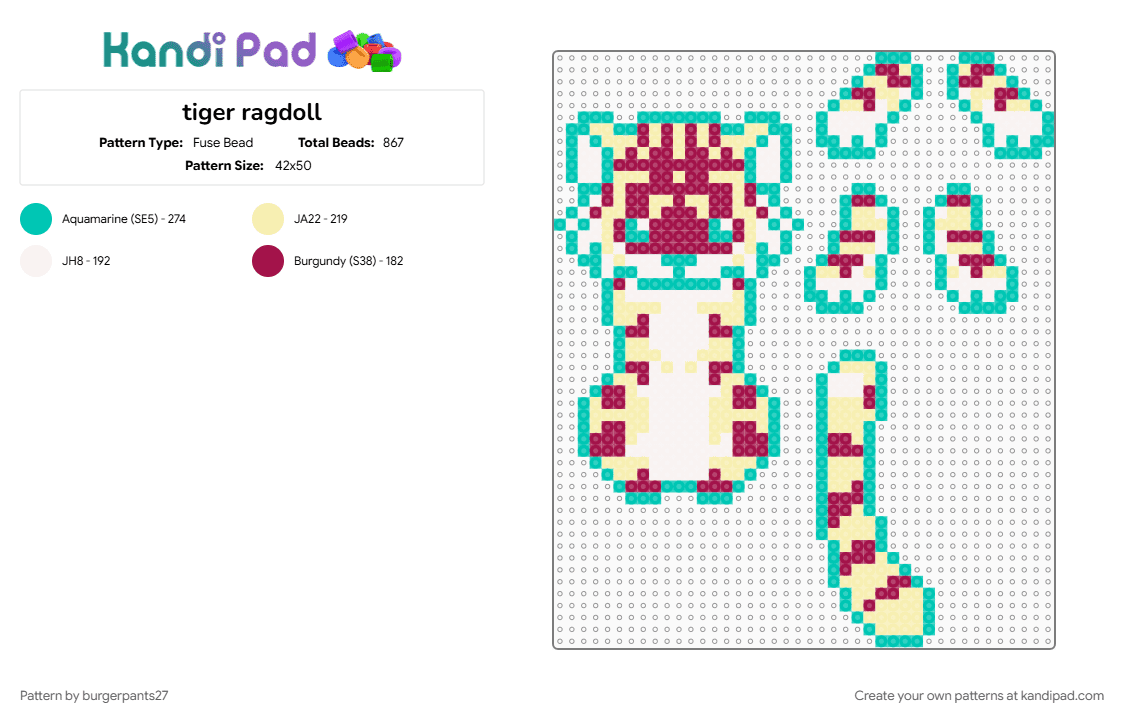 tiger ragdoll - Fuse Bead Pattern by burgerpants27 on Kandi Pad - teal, yellow