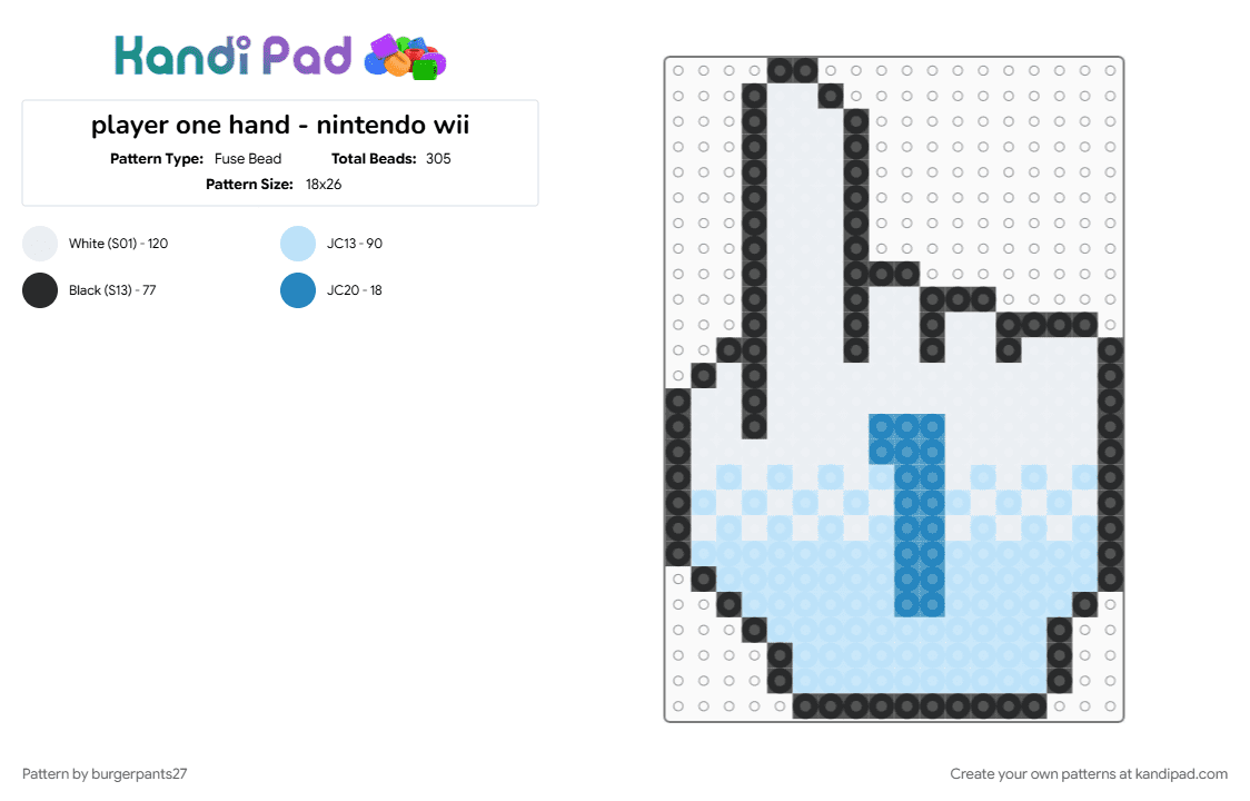 player one hand - nintendo wii - Fuse Bead Pattern by burgerpants27 on Kandi Pad - hand, light blue, nintendo, white