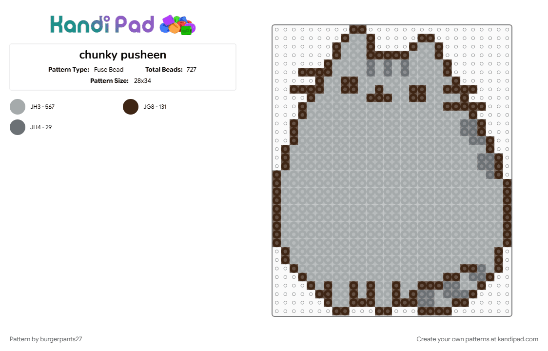 chunky pusheen - Fuse Bead Pattern by burgerpants27 on Kandi Pad - cat, cute, gray, grey, pusheen