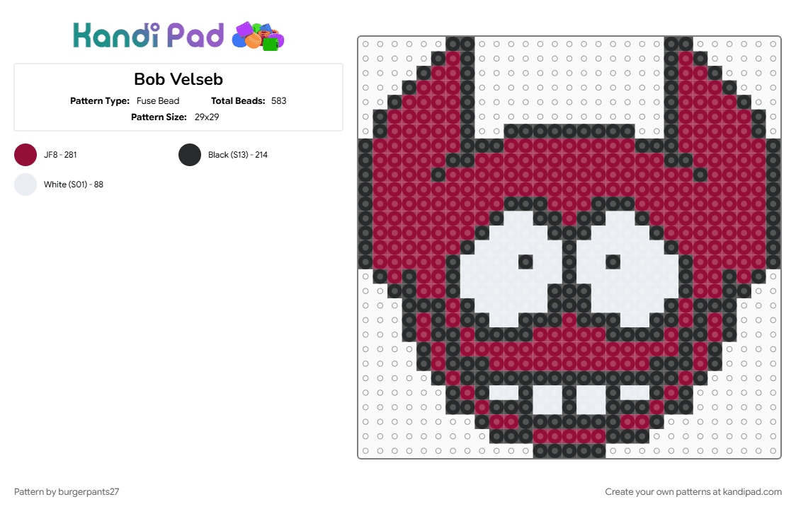 Bob Velseb - Fuse Bead Pattern by burgerpants27 on Kandi Pad - bob velseb, brown, character, head, red, spooky month, sr pelo