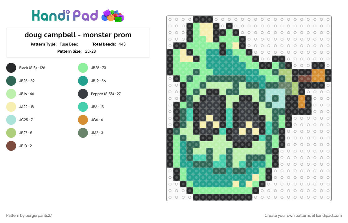 doug campbell - monster prom - Fuse Bead Pattern by burgerpants27 on Kandi Pad - gray, monster, monster prom, slime, teal, yellow