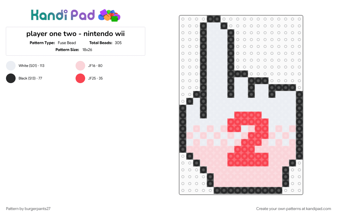 player two - nintendo wii - Fuse Bead Pattern by burgerpants27 on Kandi Pad - hand, nintendo, red, white