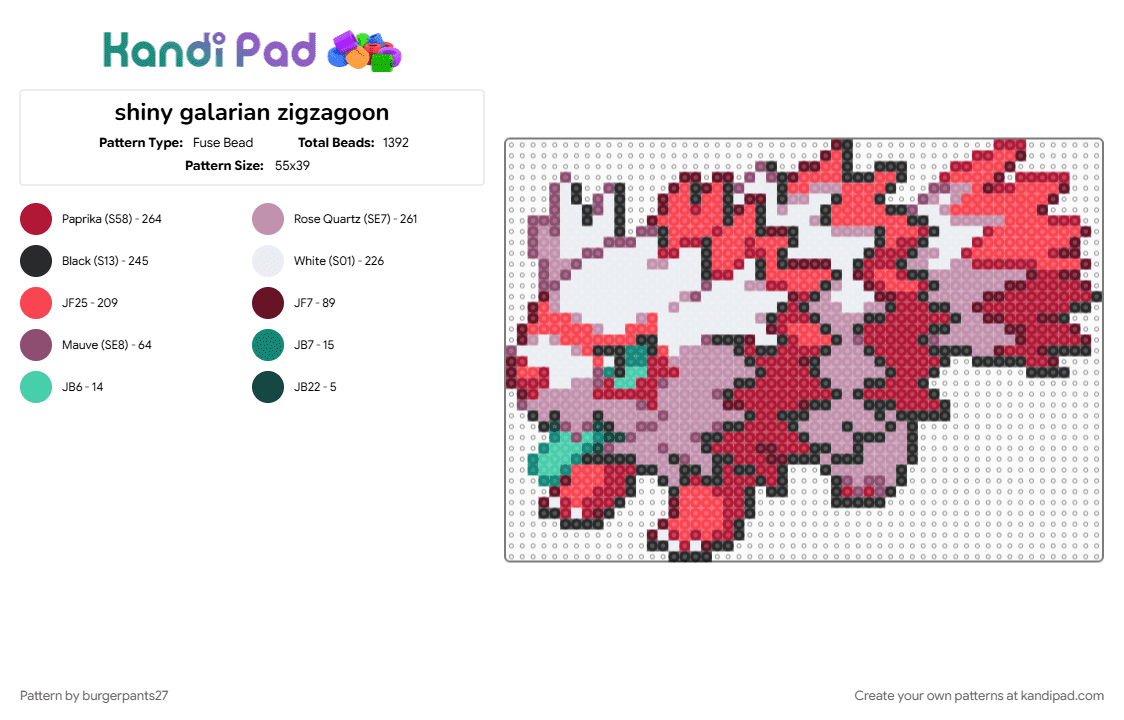 shiny galarian zigzagoon - Fuse Bead Pattern by burgerpants27 on Kandi Pad - galar, galarian, gaming, pink, pokemon, red, teal, zigzagoon