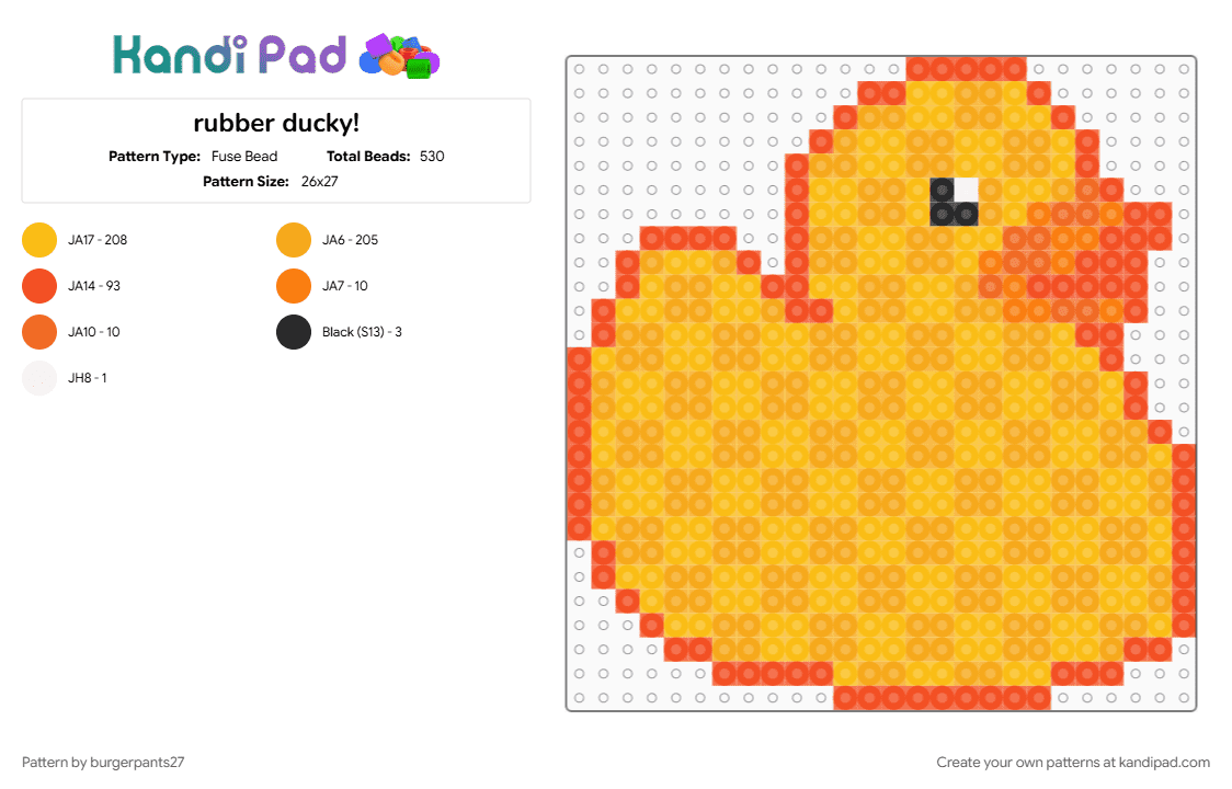 rubber ducky! - Fuse Bead Pattern by burgerpants27 on Kandi Pad - duck, orange, rubber ducky, yellow